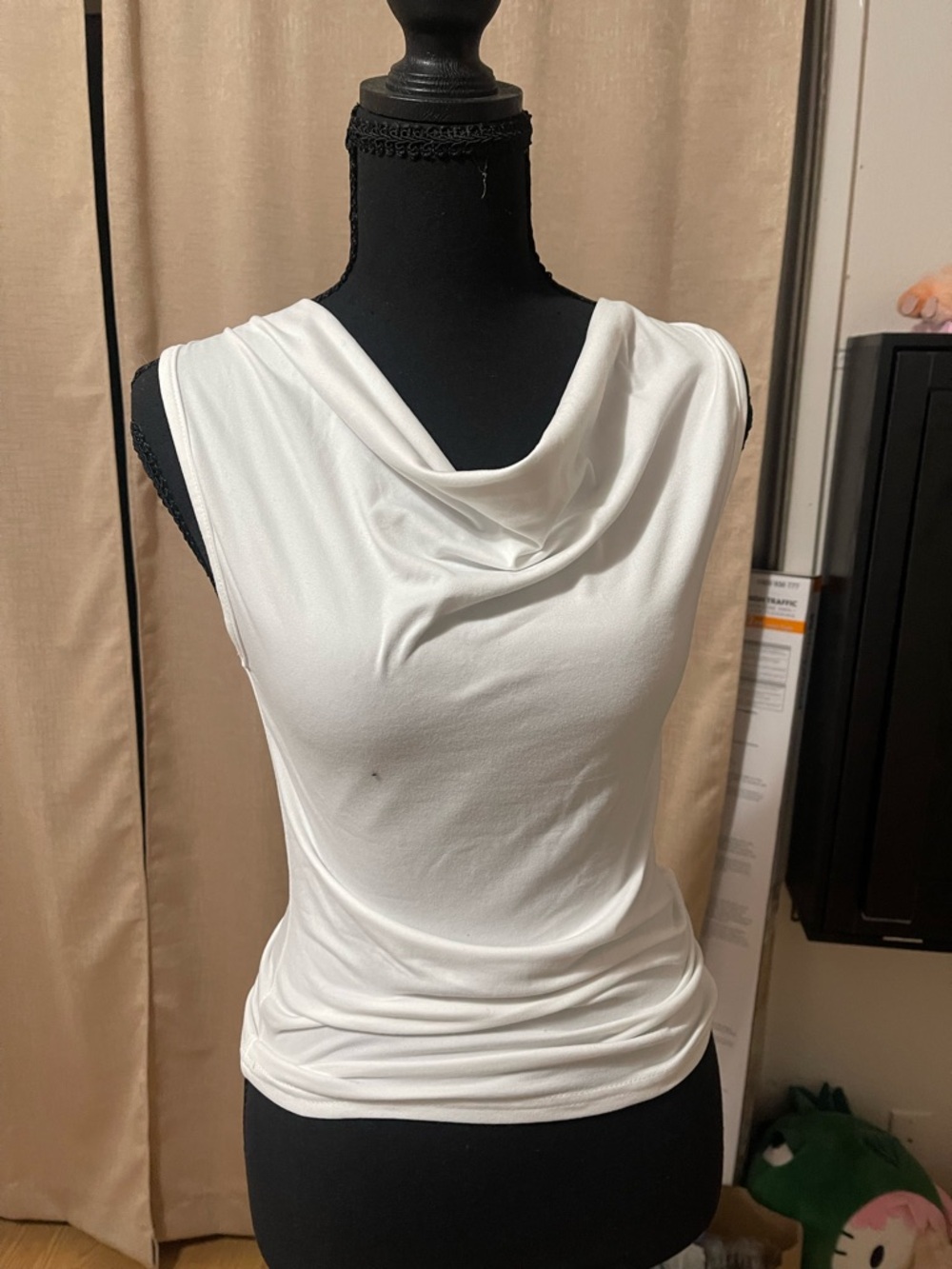 Sleeveless White Draped Cowl Neck Women's Top